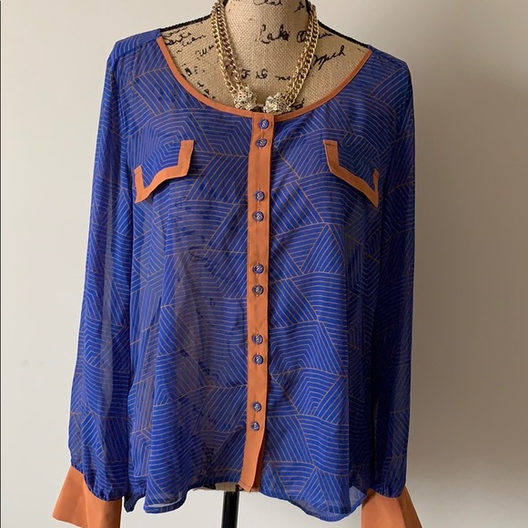 Blue and Brown Sheer Blouse - Picture 2 of 5